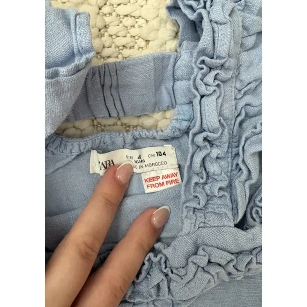 Girls ZARA Beach Blue Linen Ruffle Summer Dress Size 4